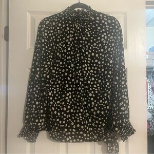 EUC Size M Black & Cream Blouse w/ smocked neck and side tie detail